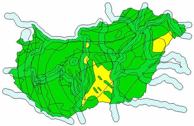 Ha az előbbi feltételekhez hozzátesszük, hogy a folyók vagy tavak 10 km-es körzetében legyen a keresett terület, akkor a következő