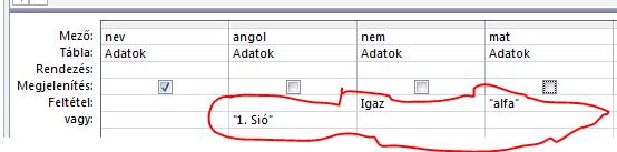 A tesi mezőben L szerepel, ha lányról van szó, azaz a lányok testnevelés órájára jár az adott diák. Ekkor a nem mező értéke is Igaz.