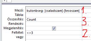 8 A kiértékelés menete: 1. a kulonbseg meghatározása 2. megszámlálás: Count Eredményhalmaz: 37 rekord (37 diák esetén vonunk ki) Hány rekord (sor) van a kulonbseg mezőben? => 37.