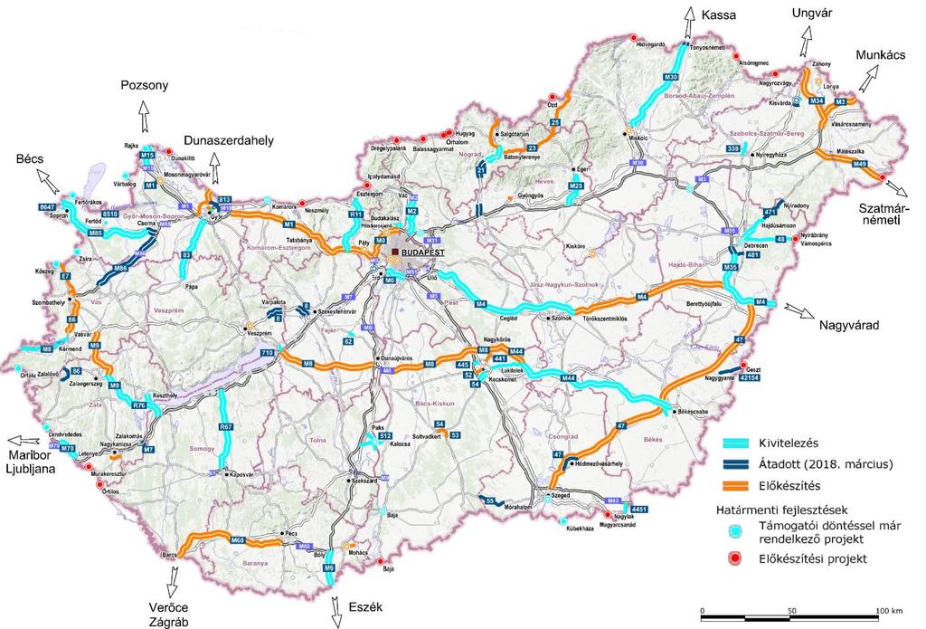 A közúti infrastruktúra fejlesztések: 2030-ra Magyarország bármely pontjáról 30 percen belül elérhetővé válik az autópálya-hálózat legközelebbi eleme és megtörténik a megyeszékhelyek magas színvonalú