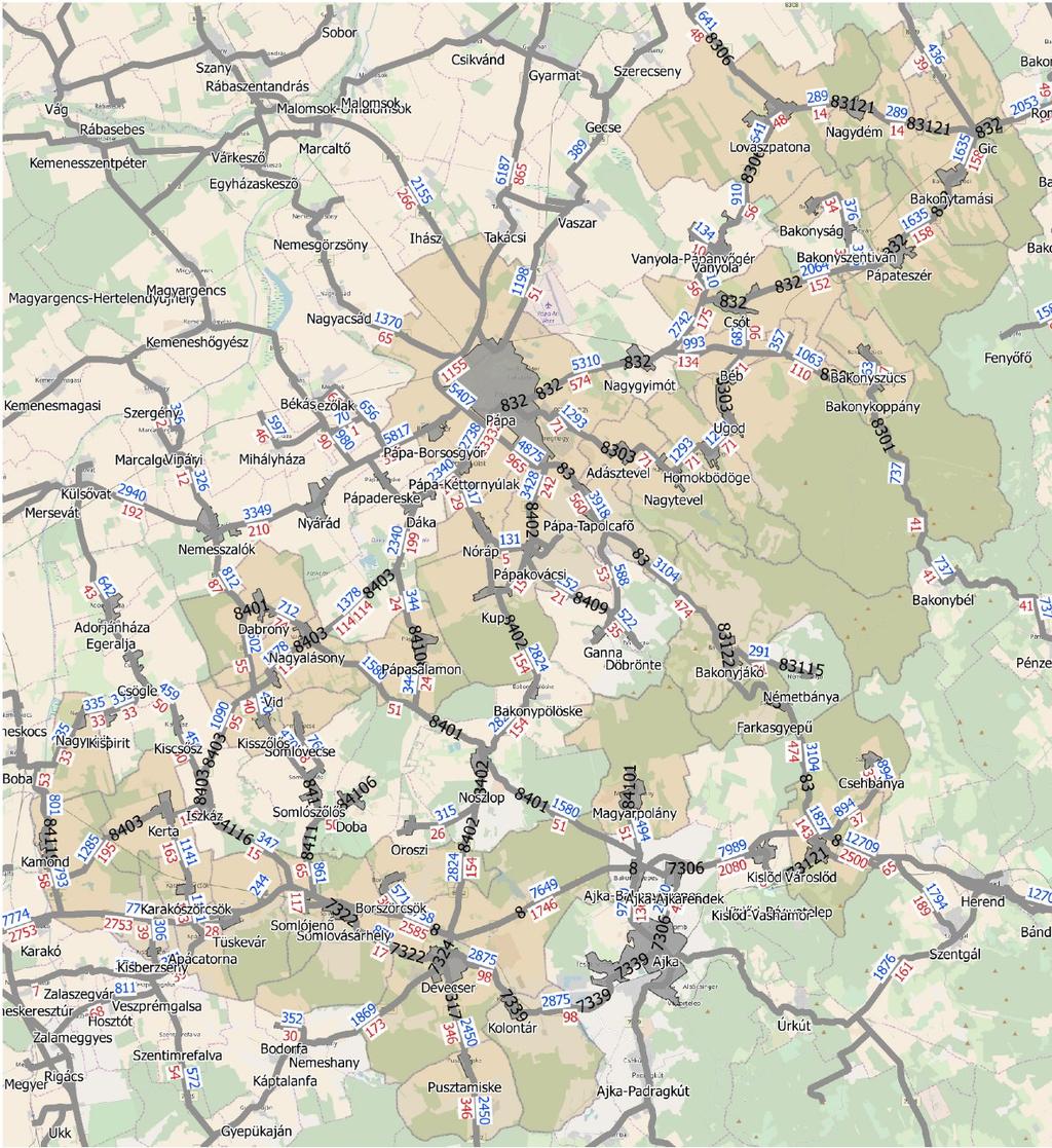 (fekete: útszám; kék: Áltagos Napi Forgalom [Ej/nap]; piros: tehergépjármű forgalom [J/nap]) 11. ábra: A vizsgált terület közúthálózata 3.4.
