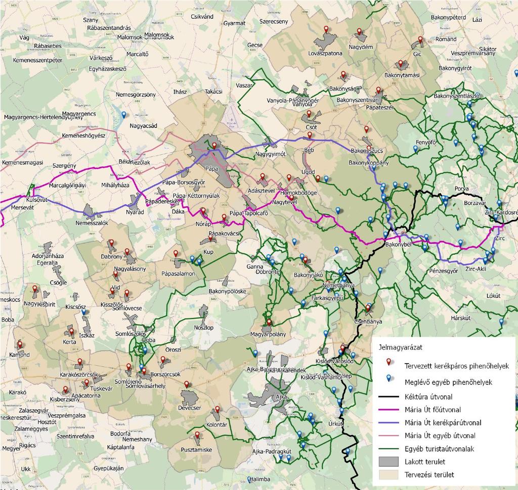 17. ábra: Kijelölt turistautak Az összegyűjtött információk és a bemutatott szempontrendszer alapján az 5. fejezetben mutatjuk be a javasolt kerékpárforgalmi hálózatot. 4.2.