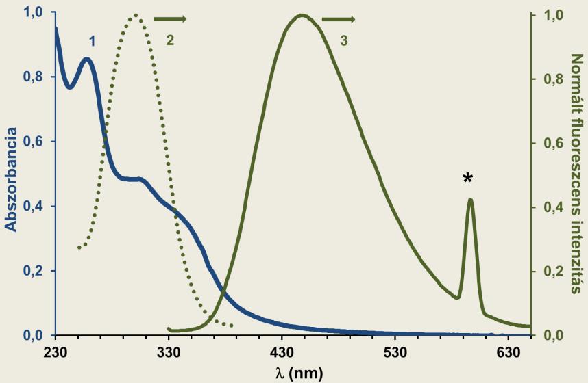 emissziós spektrum, rendre λ ex=301 illetve 342 nm-en gerjesztve (3); a spektrumokat THF-ban vettük fel; a *-al jelölt kisebb csúcs 2*λ ex-nél a polimer részecskék Rayleigh-szórásából származik, nem