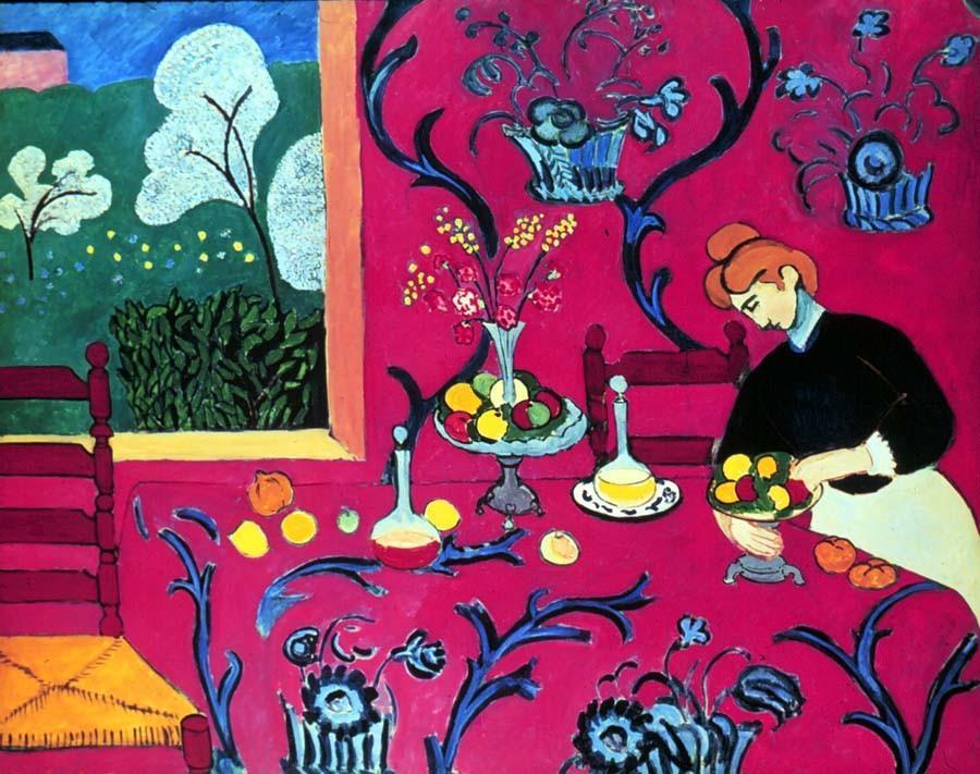 Henri Matisse: A vörös desszert (1908) Ugyancsak a vadító színek uralkodnak, az árnyékok hiányoznak, az asztalon lévő tárgyak lebegnek, minden egybefolyik.