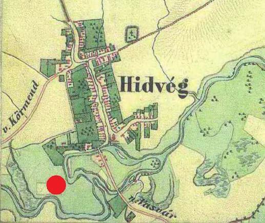 1. kép Rábahídvég a második katonai felmérés 1854 1855. évi térképlapján, a kastély feltételezett helyével Hídvég nem tartozott a Polányi család ősi birtokai közé.