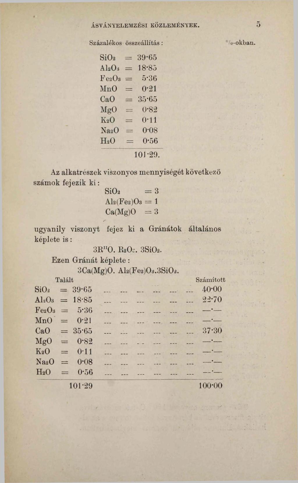 ÁSVÁNYELEMZÉSI KÖZLEMÉNYEK. D Százalékos összeállítás : Si02 = 39-65 A1 2 0.I = 18-85 Fe20 3 = 5*36 MnO = 0-21 CaO = 35"65 MgO -- 0-82 K2 O = 0-11 Na20 = 0-08 H 2 O = 0-56 101-29. Vo-okban.