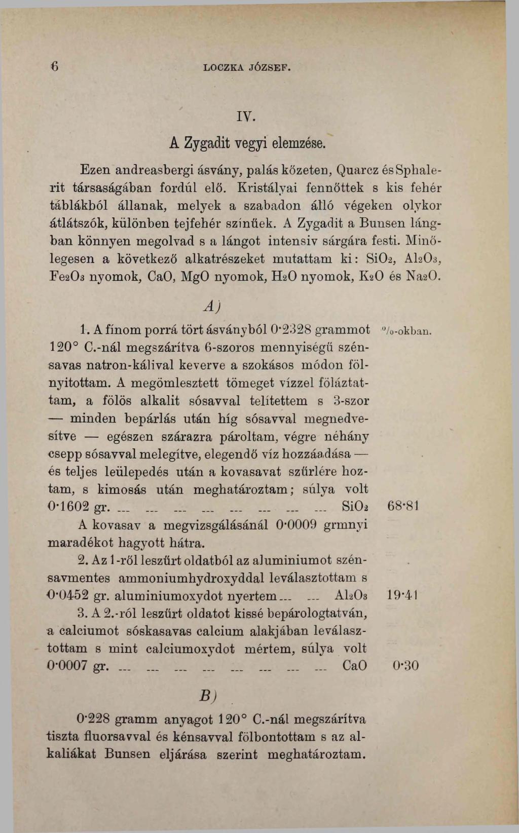 6 LOCZKA JÓZSEF. IV. A Zygadit vegyi elemzése. Ezen andreasbergi ásvány, palás kőzeten, Quarcz éssphalerit társaságában fordul elő.