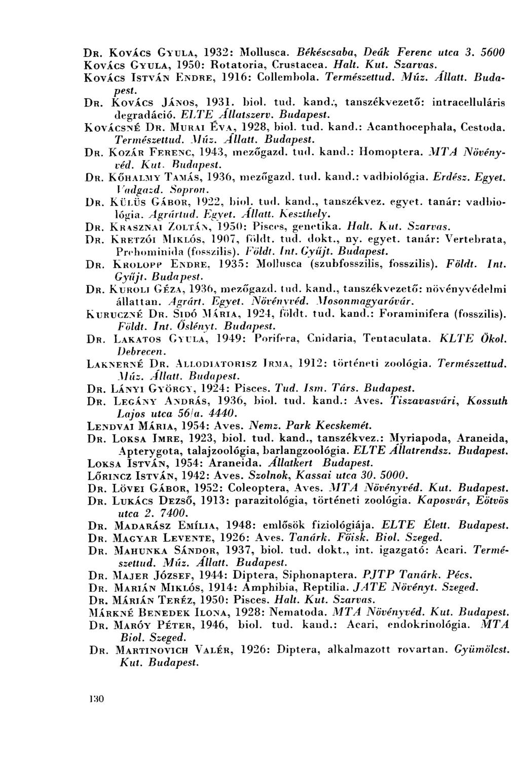 DR. KOVÁCS GYULA, 1932: Mollusca. Békéscsaba, Deák Ferenc utca 3. 5600 KOVÁCS GYULA, 1950: Rotatoria, Crustacea. Halt. Kut. Szarvas. KOVÁCS ISTVÁN ENDRE, 1916: Collembola. Természettud. Múz. Allatt.