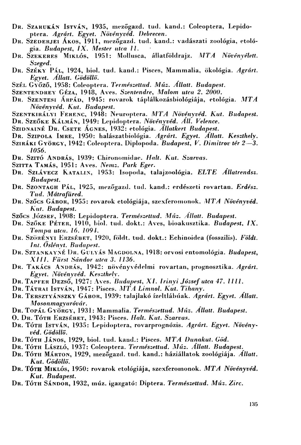 DR. SZARUKÁN ISTVÁN, 1935, mezőgazd. tud. kand.: Coleoptera, Lepidoptera. Agrárt. Egyet. Növényvéd. Debrecen. DR. SZEDERJEI ÁKOS, 1911, mezőgazd. tud. kand.: vadászati zoológia, etológia.