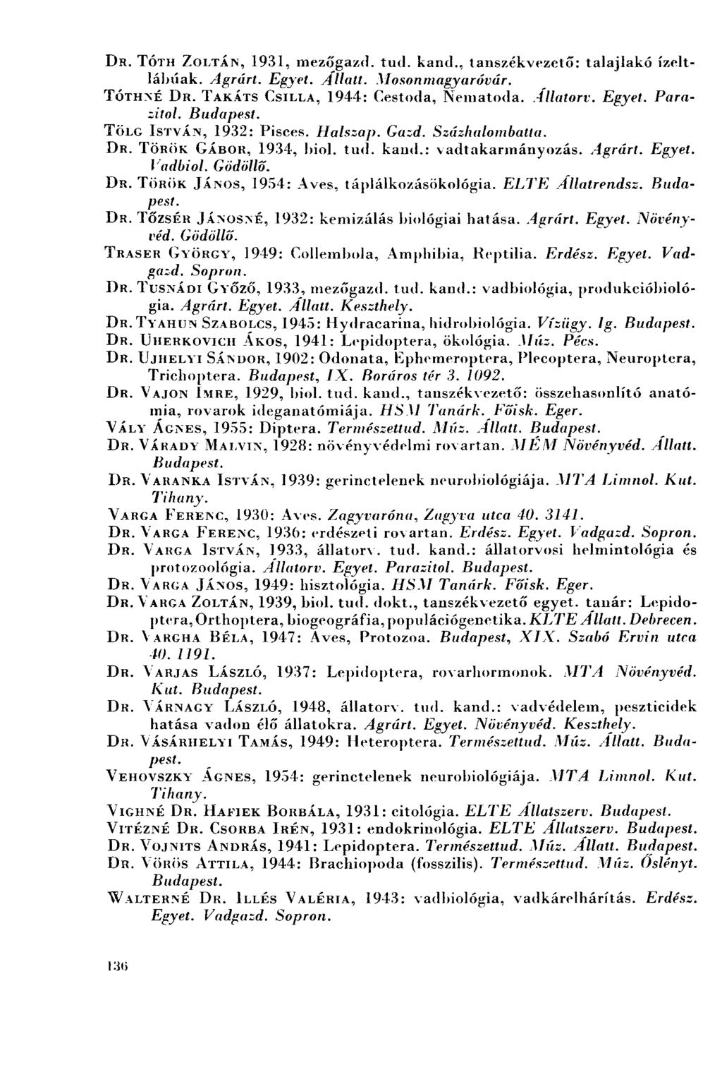 DR. TÓTH ZOLTÁN, 1931, mezőgazd. tud. kand., tanszékvezető: talajlakó ízeltlábúak. Agrárt. Egyet. Allatt. Mosonmagyaróvár. TÓTHNÉ DR. TAKÁTS CSILLA, 1944: Cestoda, Nematoda. Állatorv. Egyet. Parazitol.