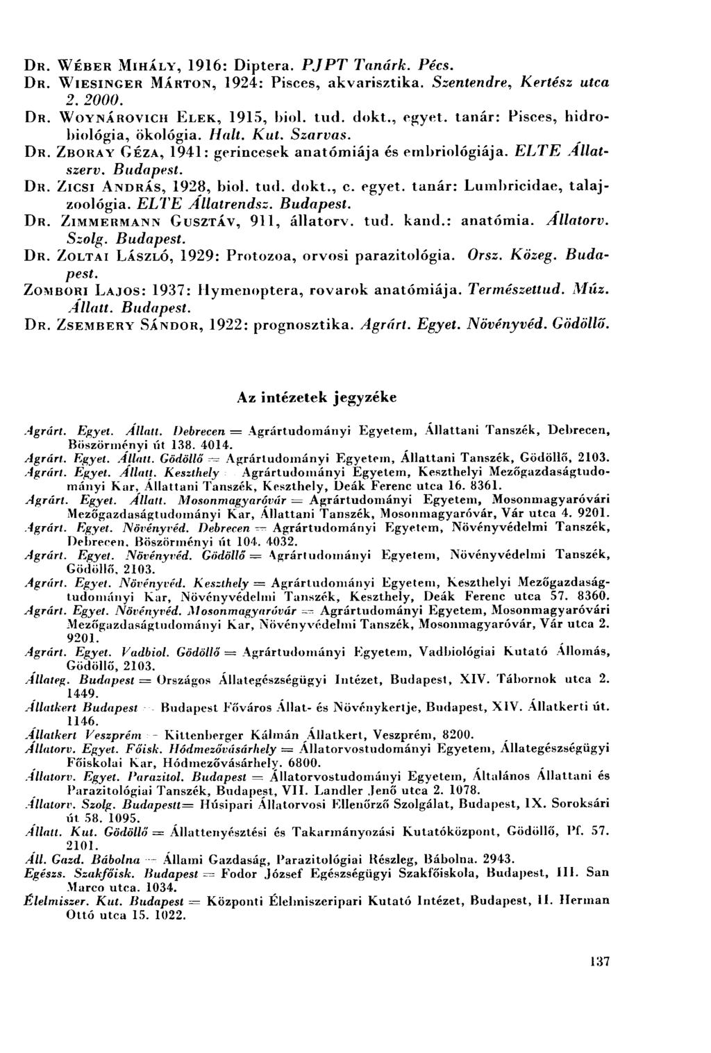 DR. WÉBER MIHÁLY, 1916: Diptera. PJPT Tanárk. Pécs. DR. WIESINGER MÁRTON, 1924: Pisces, akvarisztika. Szentendre, Kertész utca 2. 2000. DR. WOYNÁROVICH ELEK, 1915, biol. tud. dokt.