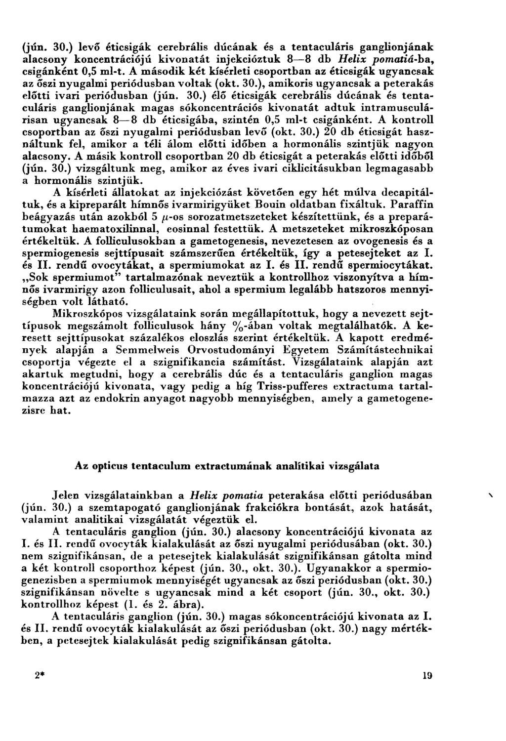 (jún. 30.) levő éticsigák cerebrális dúcának és a tentaculáris gangbonjának alacsony koncentrációjú kivonatát injekcióztuk 8 8 db Helix pomatiá-ъа, csigánként 0,5 ml-t.