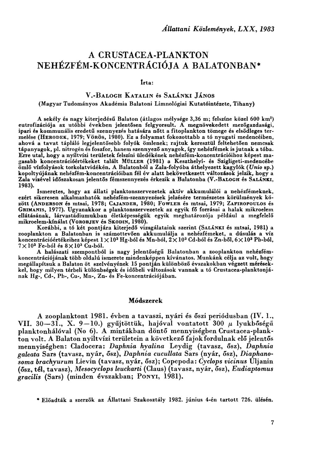 Állattani Közlemények, LXX, 1983 A CRUSTACEA-PLANKTON NEHÉZFÉM-KONCENTRÁCIÓJA A BALATONBAN* Irta: V.