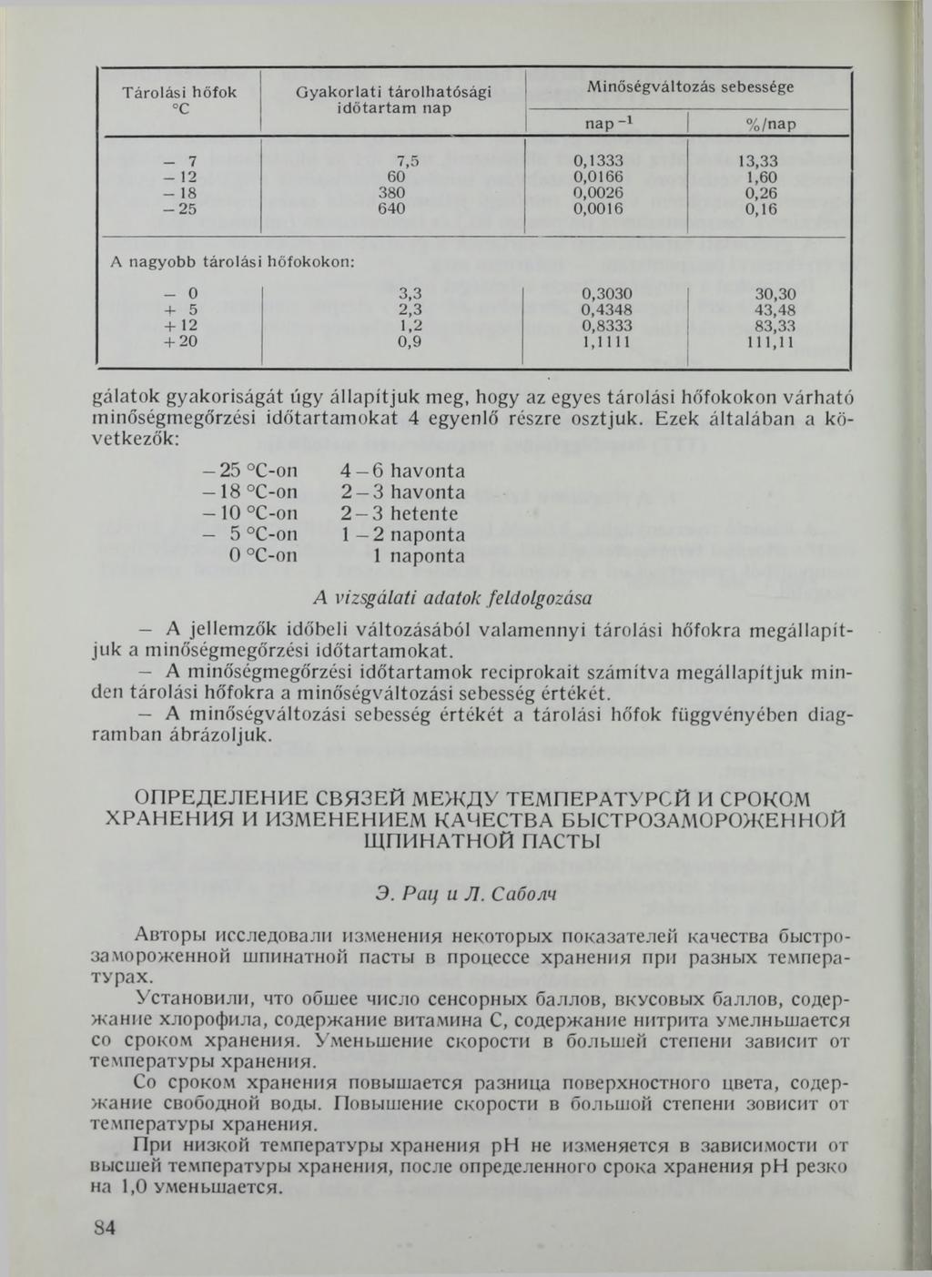 Tárolási hőfok С G yakorlati tárolhatósági id ő tartam nap M inőségváltozás sebessége nap _1 % /nap - 7 7,5 0,1333 13,33-12 60 0,0166 1,60-18 380 0,0026 0,26-2 5 640 0,0016 0,16 A nagyobb tárolás