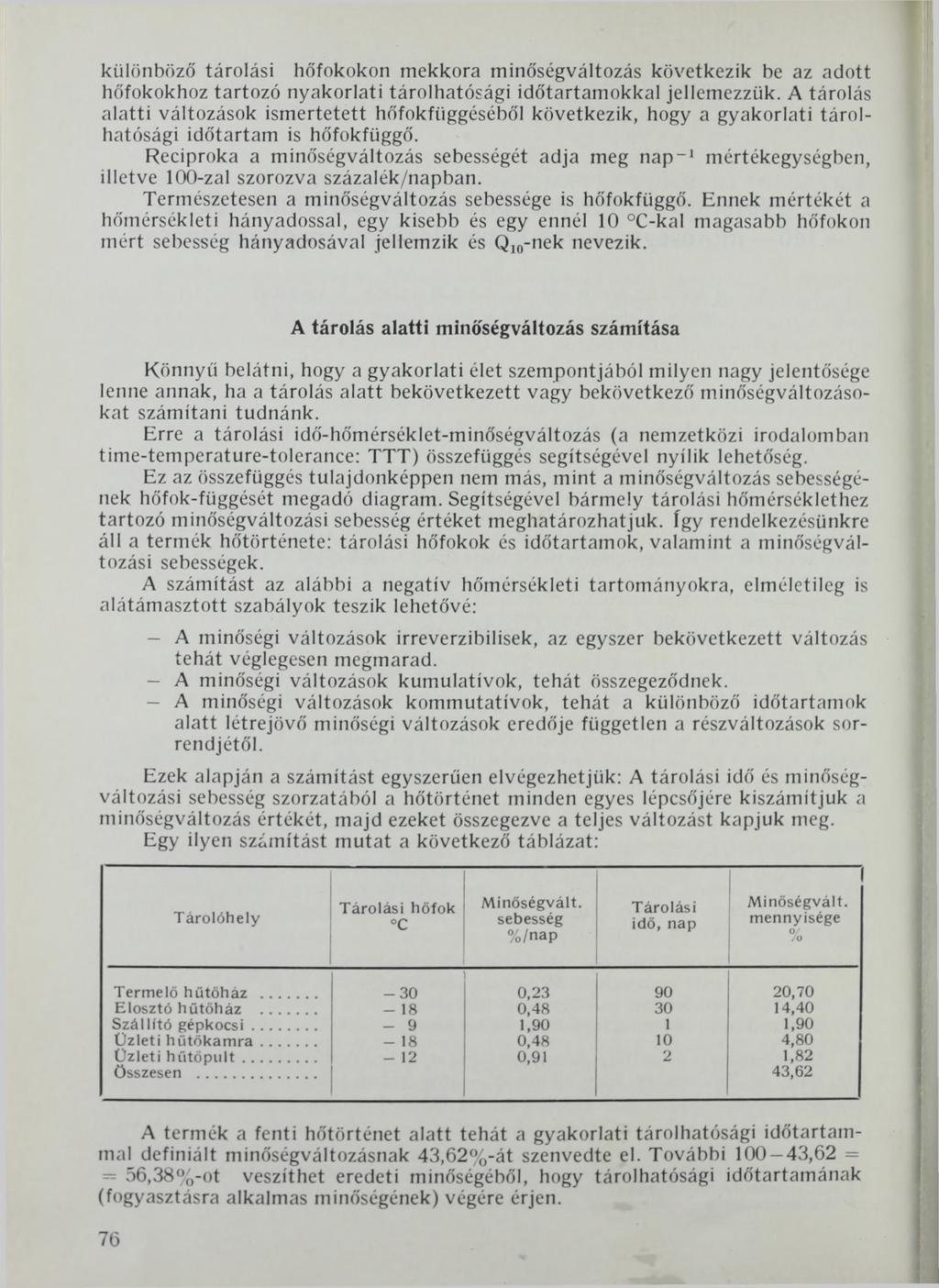 különböző tárolási hőfokokon mekkora minőségváltozás következik be az adott hőfokokhoz tartozó nyakorlati tárolhatósági időtartamokkal jellemezzük.
