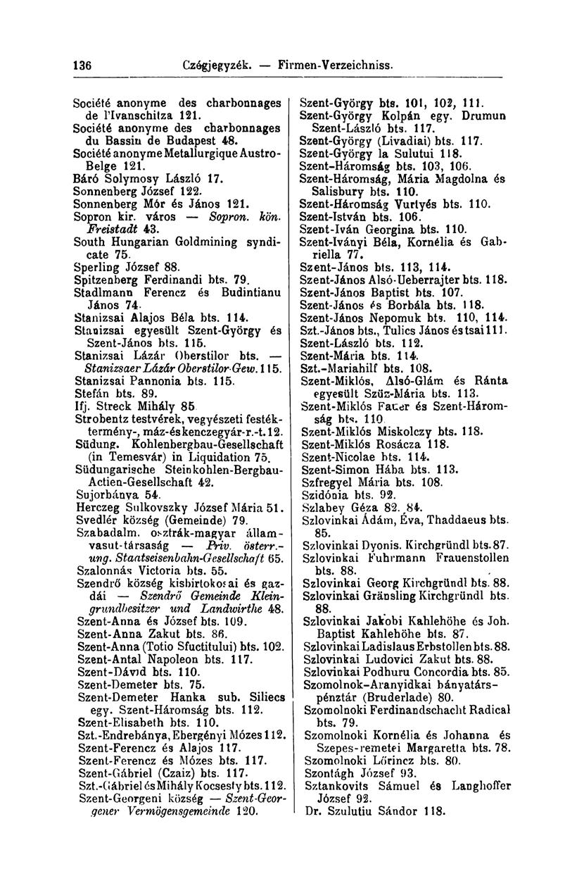 136 Czégjegyzék. FirYnen-Verzeichniss. Société anonyme des charbonnages de ltvanschitza 121. Société anonyme des charbonnages du Bassin de Budapest 48. Société anonyme Metallurgique Austro- Belge 121.
