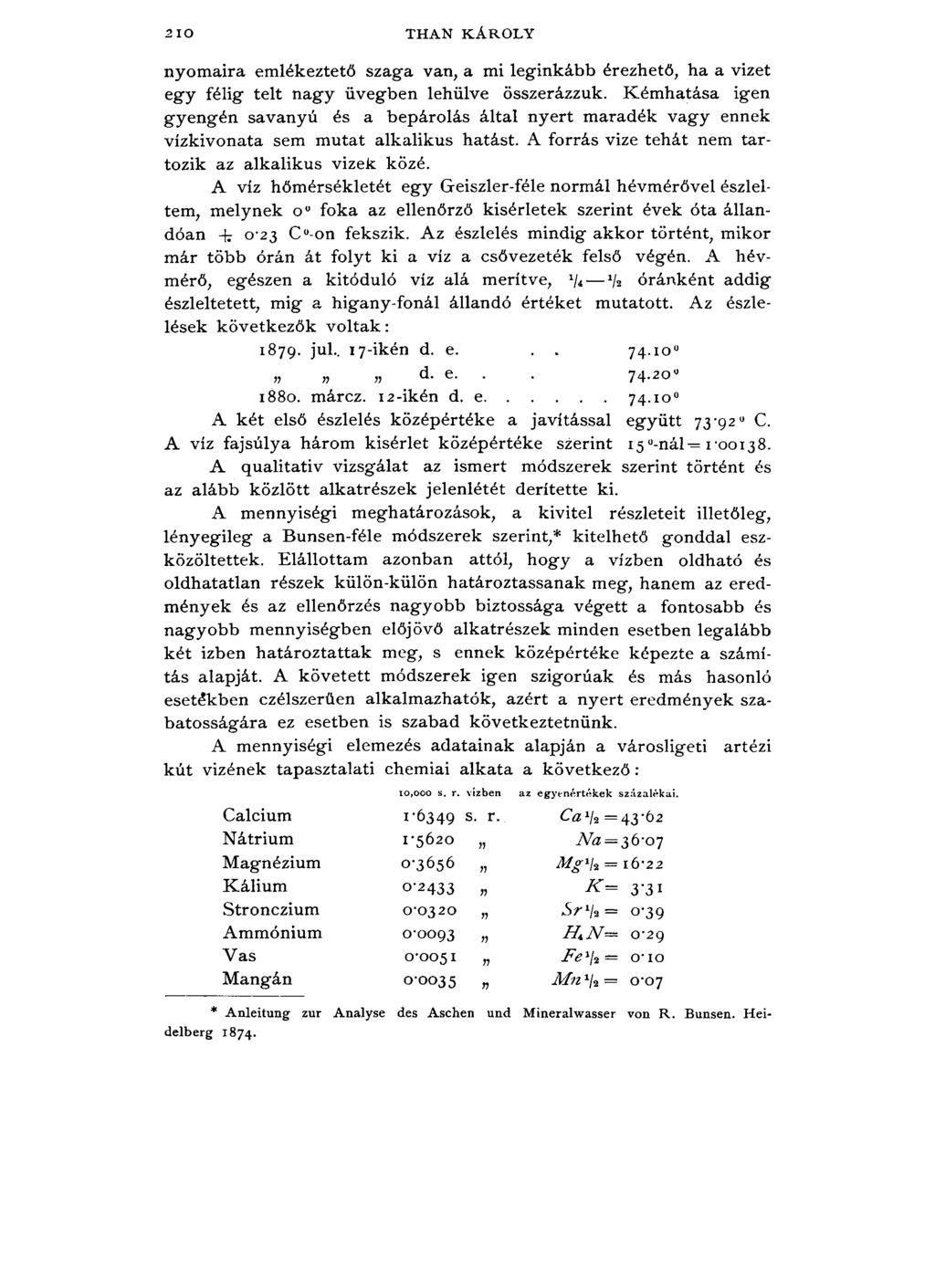 2 10 THAN KÁROLY nyomaira emlékeztető szaga van, a mi leginkább érezhető, ha a vizet egy félig telt nagy üvegben lehűlve összerázzuk.