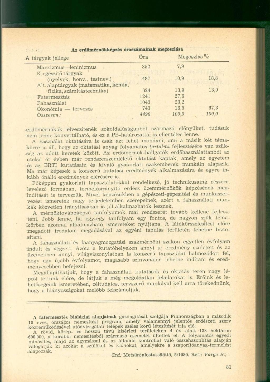 Az erdőmérnökképzés óraszámainak megoszlása A tárgyak jellege Óra Megoszlás % Marxizmus leninizmus Kiegészítő tárgyak (nyelvek, honv., testnev.) Ált.