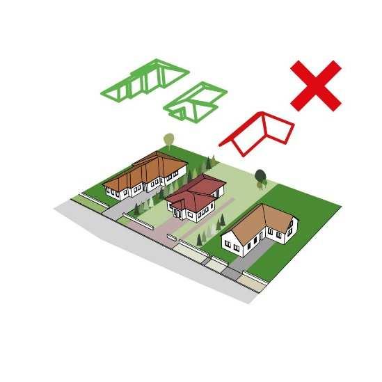 Általában előkertes kialakításúak, de sok az előkert nélküli is, nem általános érvényű. A kötelezően előírt és kialakult előkerti előírásoktól eltérni nem javasolt.