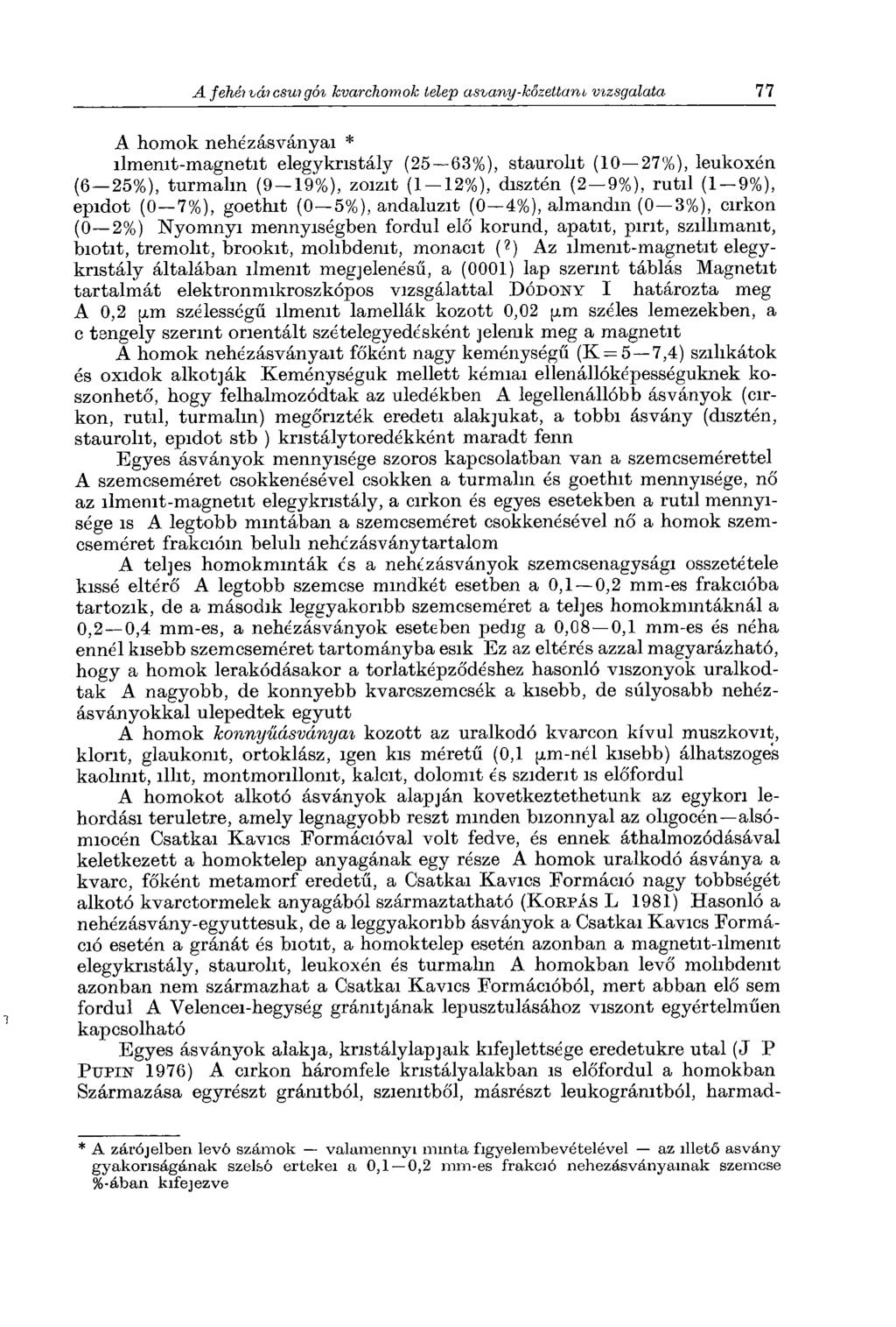 A homok nehézásványai * ílmemt-magnetit elegyknstály (25 63%), staurolit (10 27%), leukoxén (6 25%), turmalin (9 19%), zoizit (1 12%), disztén (2 9%), rutil (1 9%), epidot (0 7%), goethit (0 5%),