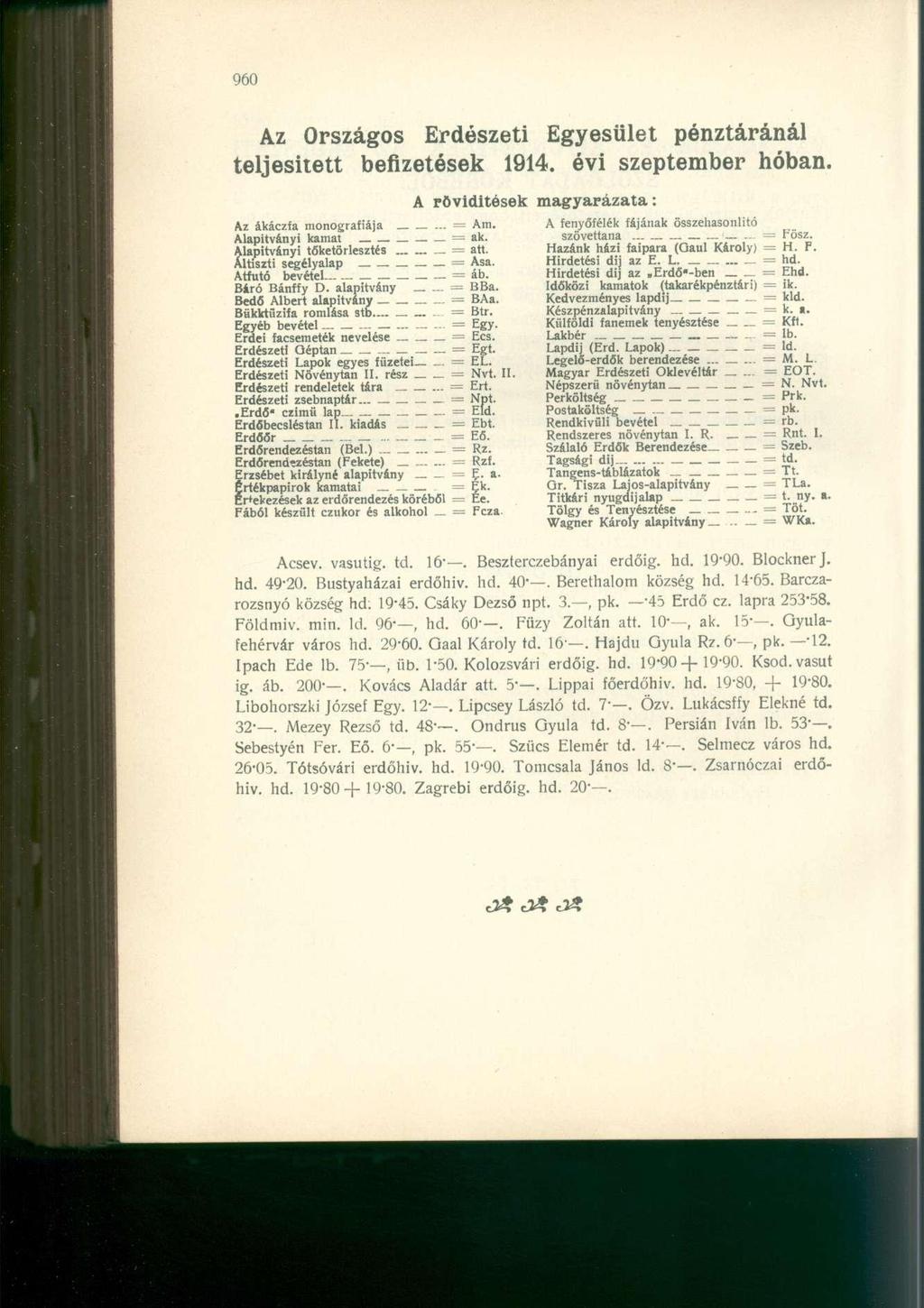Az Országos Erdészeti Egyesület pénztáránál teljesített befizetések 1914. évi szeptember hóban. Az ákáczfa monográfiája = Am. Alapítványi kamat = ak. Alapítványi tőketörlesztés = att.
