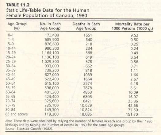 Élettábla a Kanadában élő nők adatai alapján (1980-as adatok) x: stádium.