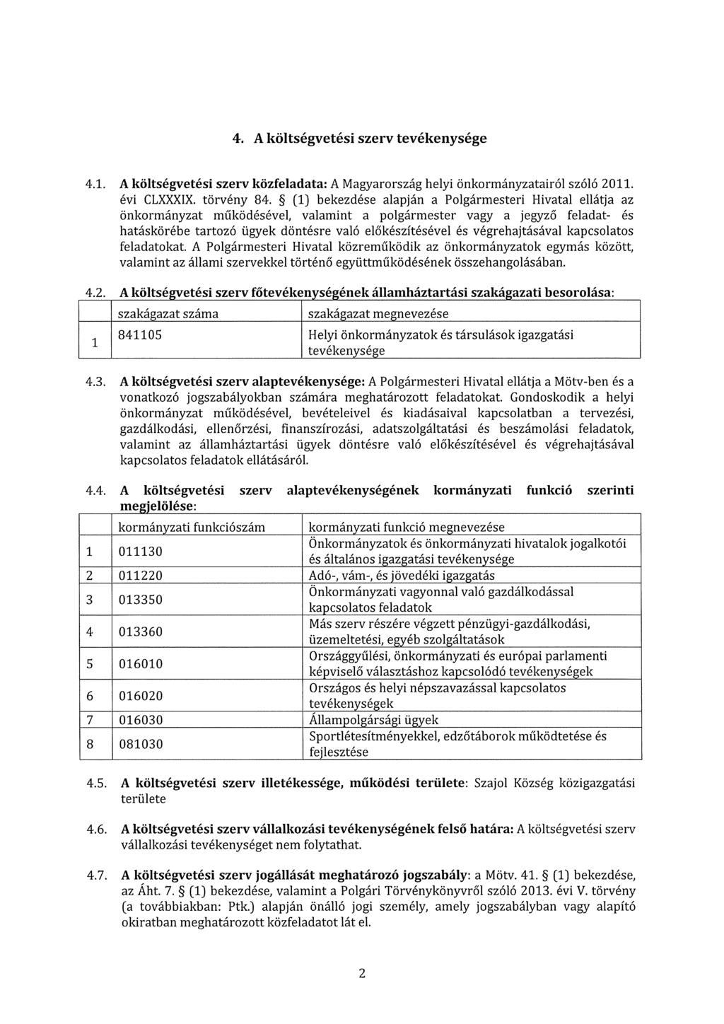 4. A költségvetési szerv tevékenysége 4.1. A költségvetési szerv közfeladata: A Magyarország helyi önkormányzatairól szóló 2011. évi CLXXXIX. törvény 84.