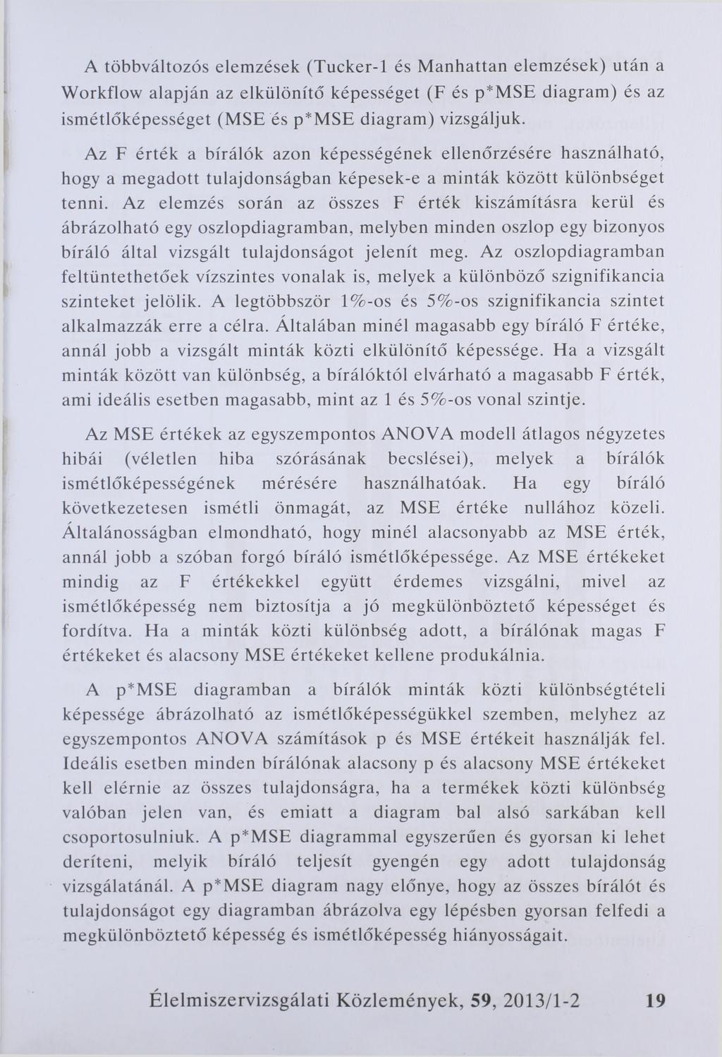 A többváltozós elemzések (Tucker-1 és Manhattan elemzések) után a Workflow alapján az elkülönítő képességet (F és p*mse diagram) és az ismétlőképességet (MSE és p*mse diagram) vizsgáljuk.