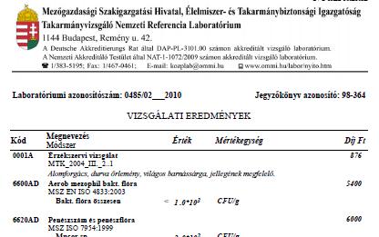 ALOMVIZSGÁLAT akkreditált laborban Mikrobiológiai Aerob mezofil bakt flóra,
