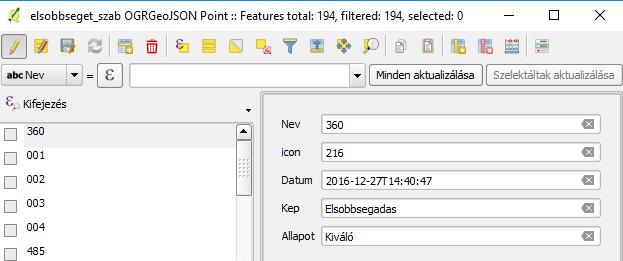 4.4. KRESZ tábla adatbázis elkészítése Ezen adatbázis alapját a KRESZ tábla típusok és a koordinátájuk alkotja. Első lépésként a QGIS programba importáltam be az első tábla csoportot.