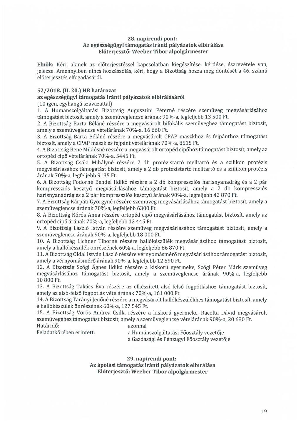 28. napirendi pont: Az egészségügyi támogatás iránti pályázatok elbírálása Elnök: Kéri, akinek az előterjesztéssel kapcsolatban kiegészítése, kérdése, észrevétele van, jelezze.