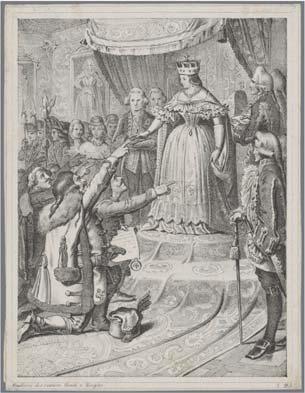 Boli to pravdepodobne dary alebo nákupy členov rôznych spolkov pre Mestské múzeum. Výnimkou je práve litografia značená (vľavo dole) Gallerie der oesterr. Gesch. v. Ziegler (Obr. 5). Obr. č. 5/ Neznámy autor z knihy Antona Zieglera: Mária Terézia na uhorskom sneme, okolo polovice 19.