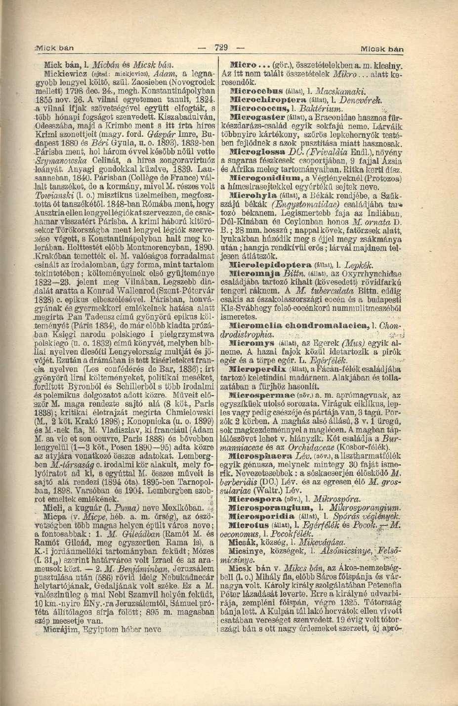 Mick bán 729 Micsk bán Mick bán, 1. Micbán és Micsk bán. Mickiewicz (ejtsd.- mickjevics), Ádám, a legnagyobb lengyel költő, szül. Zaosieben (Novogrodek mellett) 1798 dec. 24., megh.
