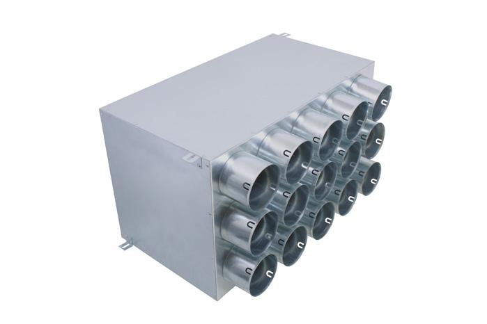 Flexibilis légcsatornák és kiegészítők szellőző rendszerekhez 7 RT3R-15x90/160-3 soros osztó doboz, 15 csőcsatlakozással DN 90 Csomagban tartalmazza 1 db DN 160 végdugót és 15db NA 90 Térfogat m 3 h