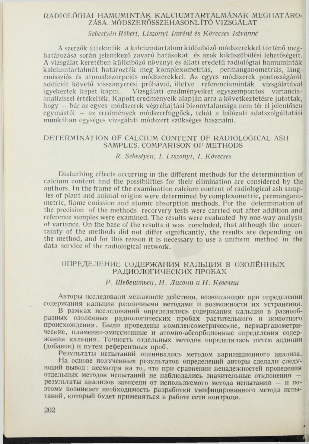 I * RADIOLÓGIAI H AM UM INTÁK KALCIUM TARTALM ÁNAK MEGHATÁRO ZÁSA.