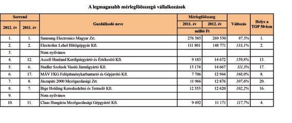 Mérlegfőösszeg A TOP 50 vállalkozások együttes mérlegfőösszege 783,1 milliárd Ft volt 2012. év végén, 6,2%-kal több a 2011. év véginél.