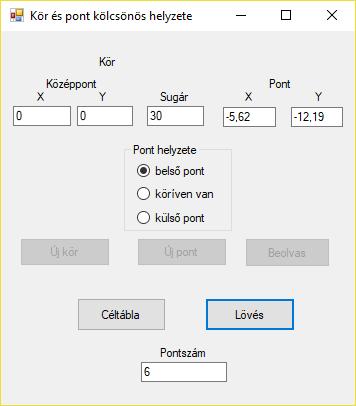 Az elkészítendő form: A Form1 osztályba írandó programkód: Céltábla céltábla; // A Céltábla gomb megnyomásának eseménykezelője private void button4_click(object sender, EventArgs e) céltábla = new