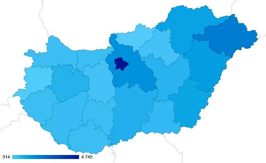 A település alapú bontásban az indított munkamenetek alapján a TOP10 település együttesen a munkamenetek 42,8%-át adja. Város Munkamenet szám Arány 1. Budapest 4 745 22,71% 2.