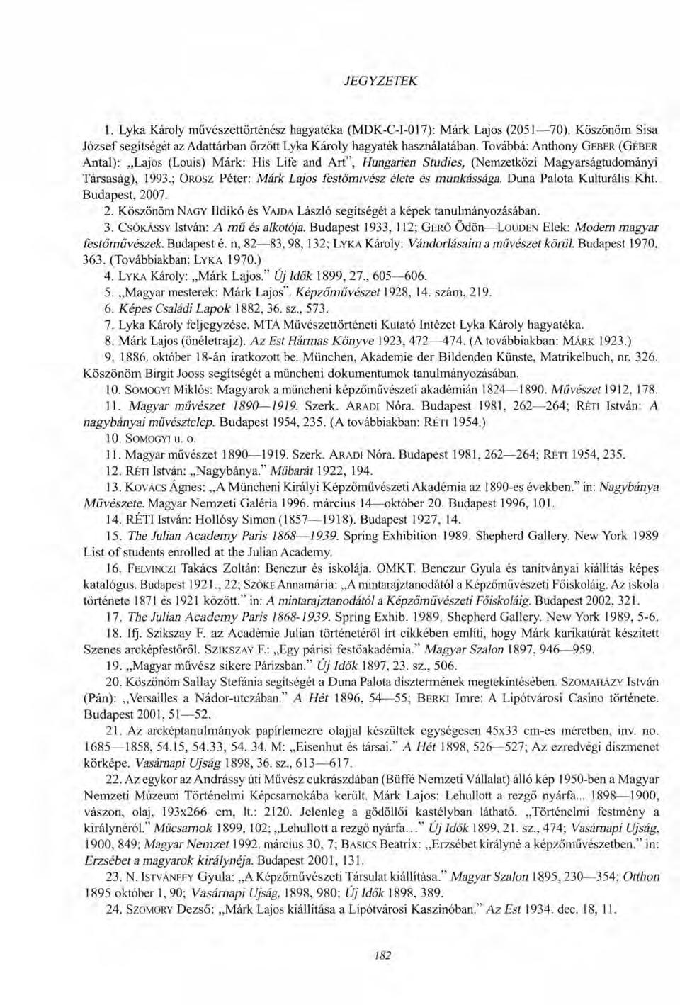 JEGYZETEK 1. Lyka Károly művészettörténész hagyatéka (MDK-C-I-017): Márk Lajos (2051 70). Köszönöm Sisa József segítségét az Adattárban őrzött Lyka Károly hagyaték használatában.