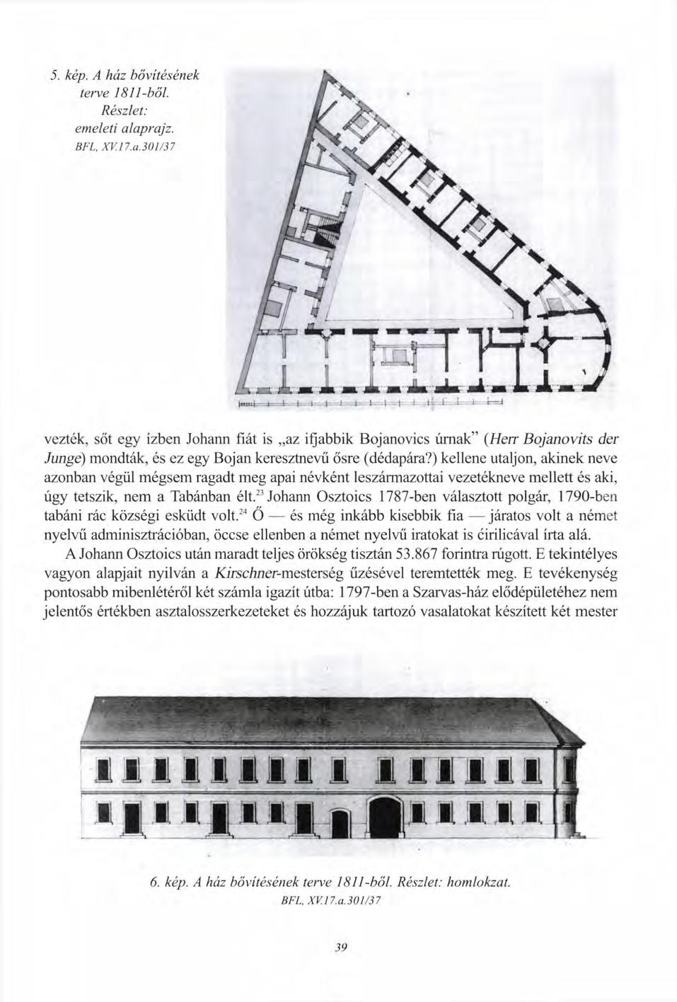 5. kép. A ház bővítésének terve 1811-ből. Részlet: emeleti al