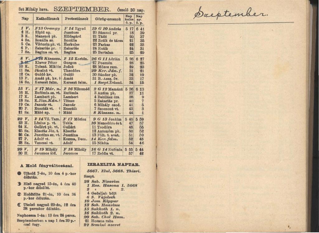 Sz, Mihály hava. SZEPTEMBER Óueló 80 nap. Nap Kathollktuook I Proteatwok GörOg oroszok Nap Nap kelte BT 6.p. 6~ 1 V. Fl60rat>l(JY F 14 Egyed 19 G 10 Andr," 517 64.1 th. Elpld ap. JusztuBz!