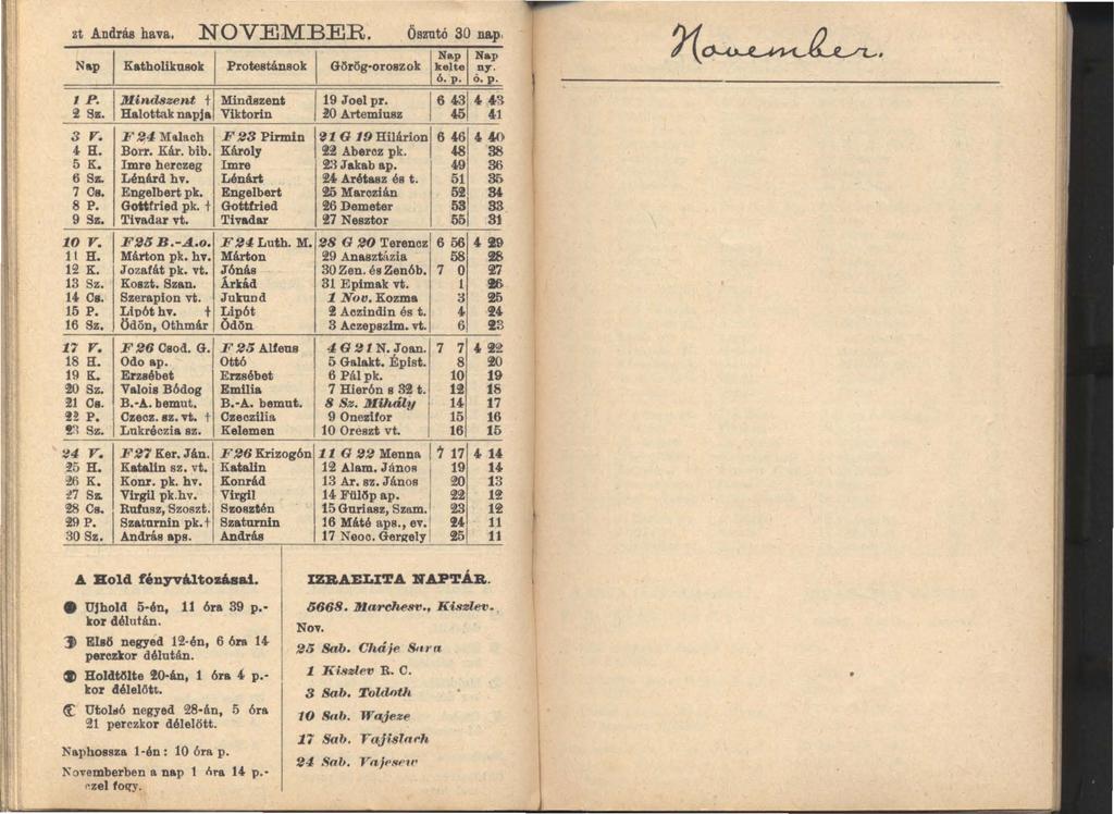 zt András hava. NOVEMBER. Őszntó so na.p. Nap Katholikusok ProtestánBok I Görög'OrOBzolt Nap Nap kelte "T ó. p. Ó. p. IP. I M"naszent t Mlndazent 19 Joel pr. 16431 H3 cl Ss. Halottak napja Vlktorin!