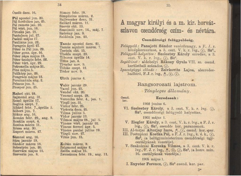 35 A magyar királyi és a m. kir. horvátszlavon csendőrség czíid- és névtára. Csendőrségi felügyelőség. Felügyelő: Panajott Sándor vezérőrnagy, a F. J. r. középkeresztese, a 3. oszt. V. k. r. lvg.