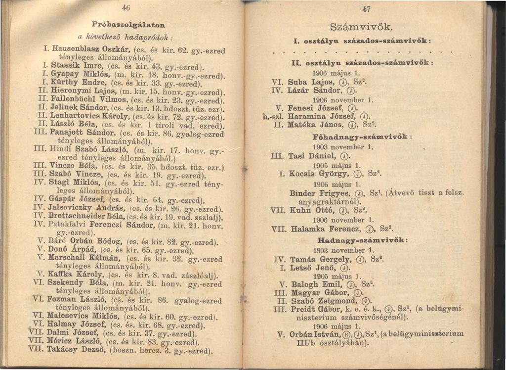 46 Pró baszolgálaton a kó"vetkező hadapr6dok: r. Hausenblasz Oszkár, (cs. és kir. 62. gy. ezred tényleges állományából). I. Stass-ik Imre, (cs. és kir. 43. gy.. ezred). r. Gyapay Miklós, (m. kir. 18.