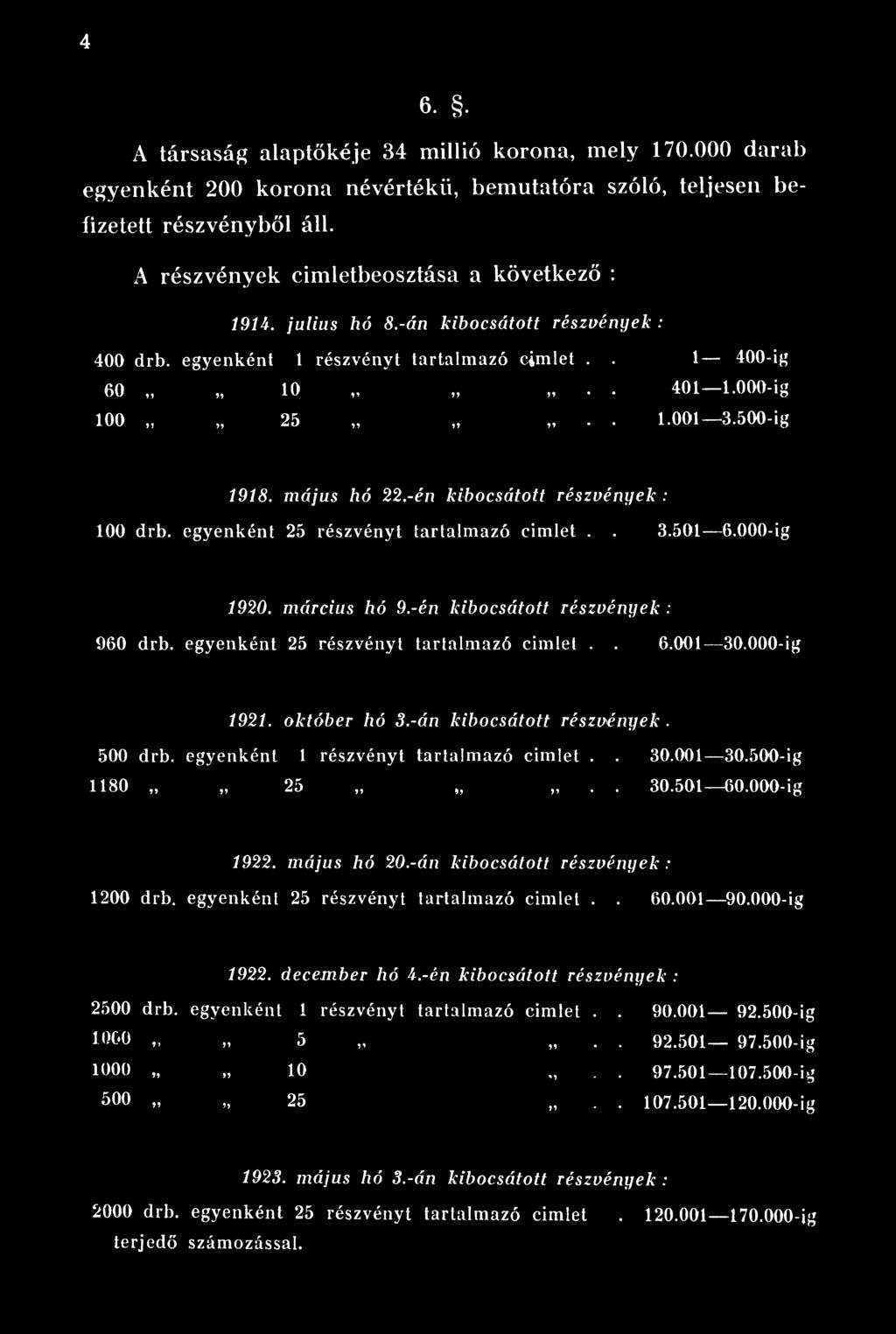 000-ig 1922. május hó 20.-án kibocsátott részvények : 1200 drb. egyenként 25 részvényt tartalmazó címlet.. 60.001 90.000-ig 1922. december hó h.-én kibocsátott részvények : 2500 drb.