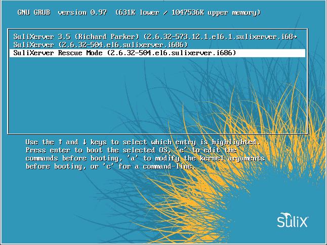 SULIXERVER RESCUE MODE 18. SuliXerver Rescue Mode A rendszer indításakor lehetőség van a Rescue Mode használatára, ez a mód egy hibásan működő rendszer javításában segíthet.