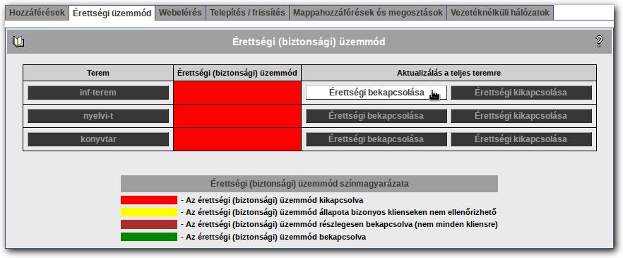 KÉTSZINTŰ INFORMATIKA ÉRETTSÉGI VIZSGA SULIXERVERREL Az érettségi üzemmód bekapcsolása Itt ki kell választania azt a termet amelyet érettségi üzemmódba kíván kapcsolni, majd a terem neve melletti