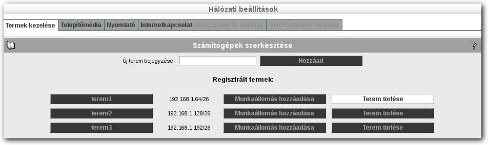 BELSŐ HÁLÓZAT 9.3 Terem törlése Termet csak akkor törölhet ha abban nincs egyetlen munkaállomás sem. Amíg a teremben munkaállomások találhatóak, addig a Terem törlése gomb nem jelenik meg.