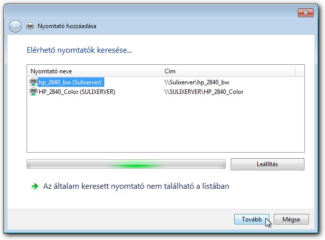 BELSŐ HÁLÓZAT A következő oldalon a varázsló listázza a hálózaton elérhető nyomtatókat. Válassza ki a SuliXerverhez csatlakozó eszközt és kattintson a Tovább gombra.