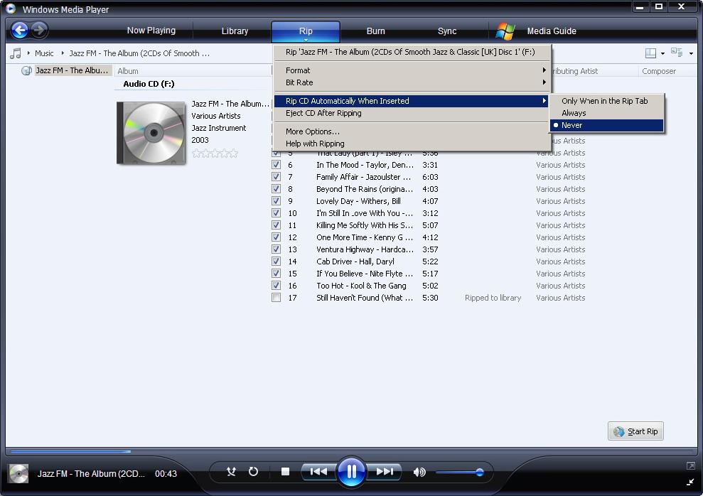 4 Tegye be az Audio CD-t a számítógép CD meghajtójába. > Az CD szereplő összes zeneszám listázásra kerül. Alapértelmezett esetben a Windows Media Player megkezdi a zeneszámok másolását a CD-n.